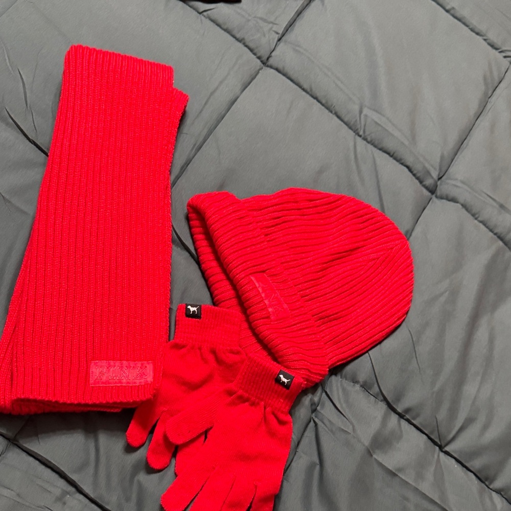 Victoria's Secret Red Scarf, Hat, and Gloves Set